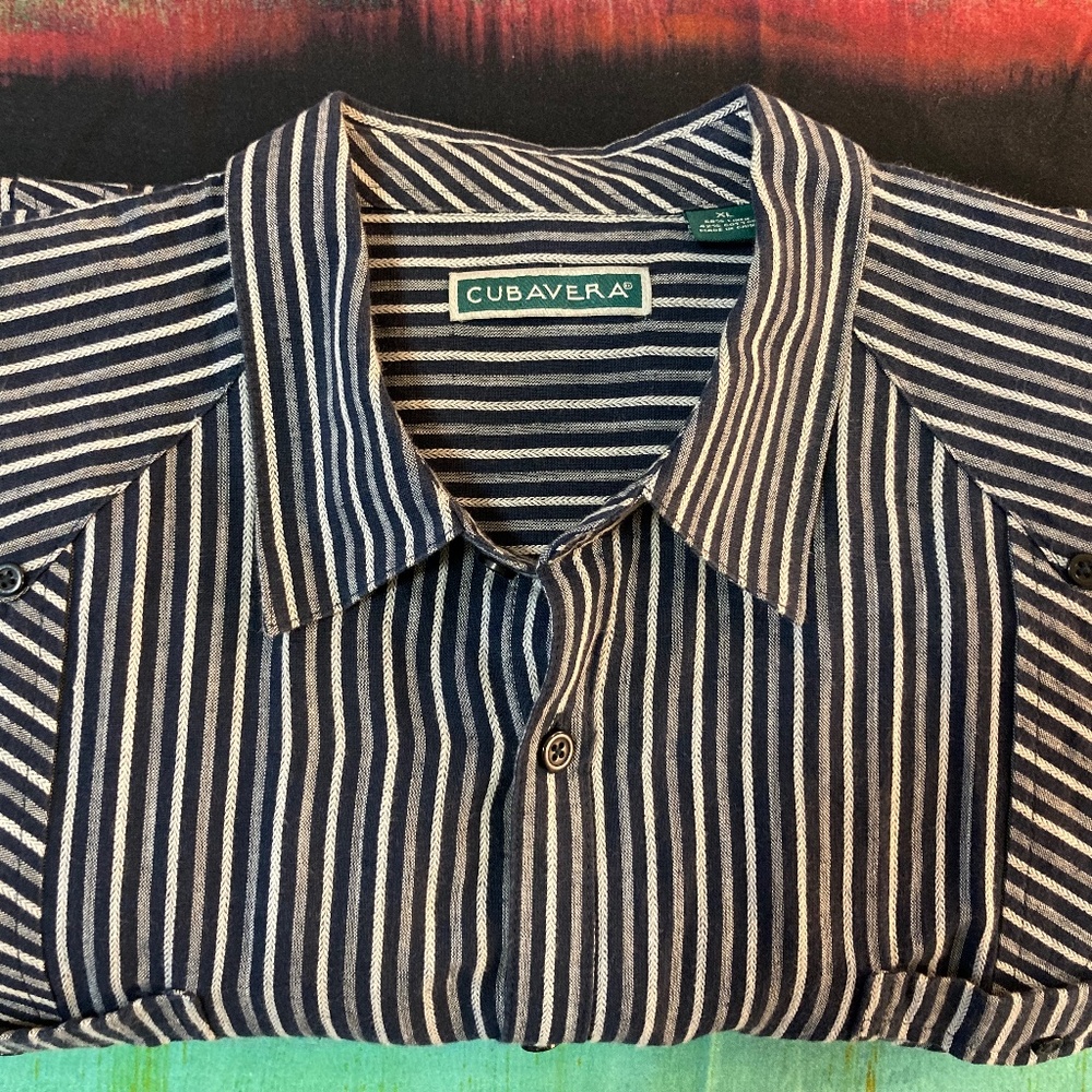 Men's Blue & White Striped Cubavera Guayabera - Long Sleeve Size XL